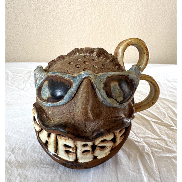 Handmade Pottery Folk Art Ugly Face Jug Big Toothy Smile CHEESE Signed - Picture 1 of 10
